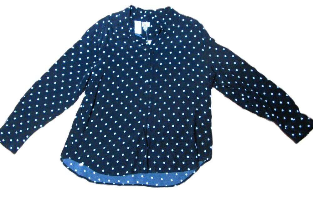 A New Day Women's Blouse Black with White Polka Dots Size Large Button Front